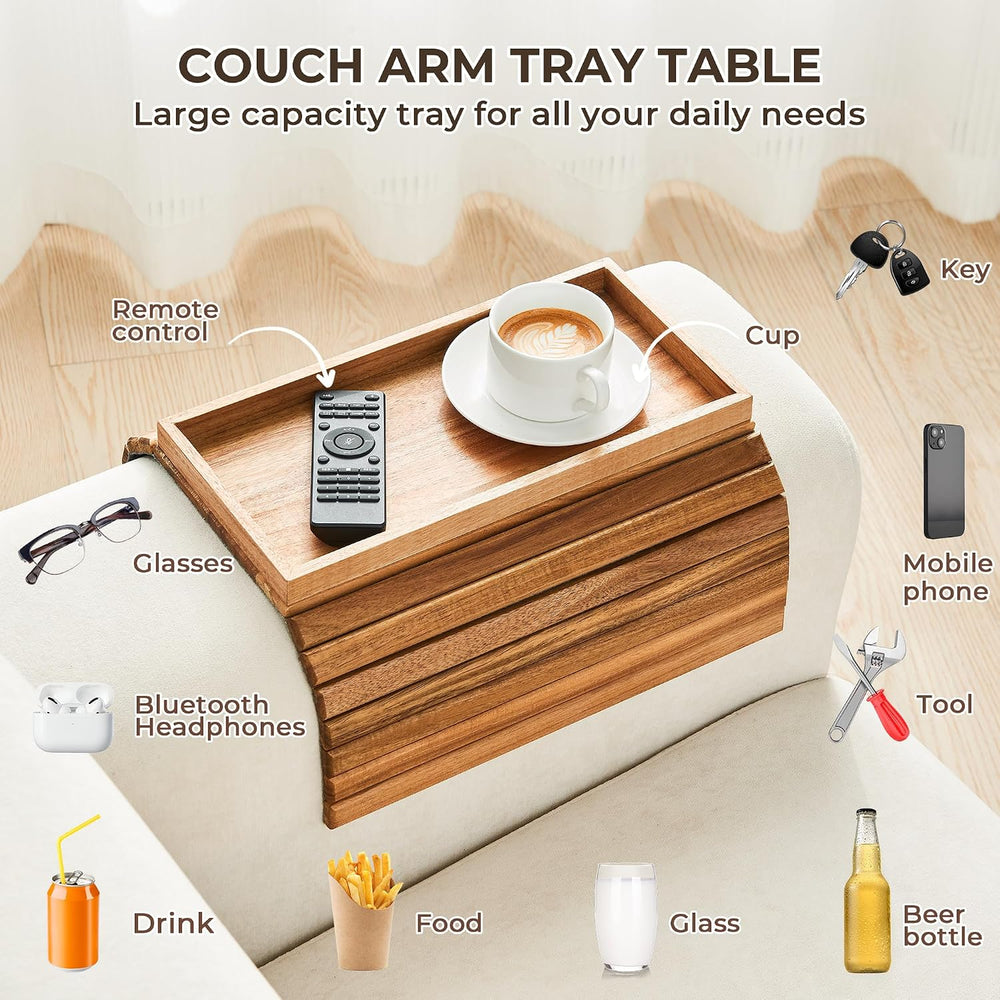 LOVYANXUE Acacia Wood Sofa Arm Tray, Foldable Couch Armrest Table with Anti-S...