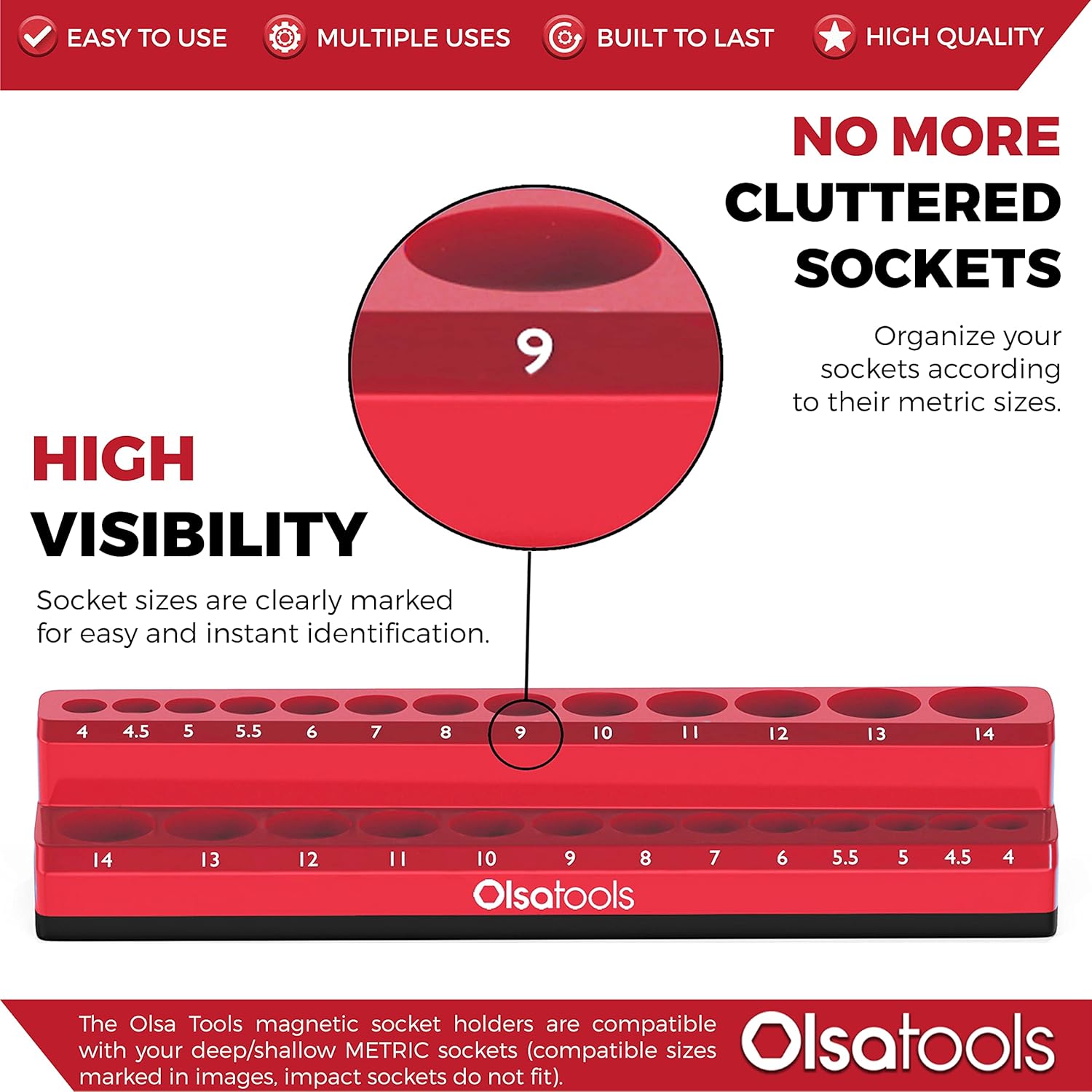 Olsa Tools Magnetic Socket Holder | 1/4-inch Drive | Metric | Red | Holds 26 Sockets | Professional Quality Tools Organizer