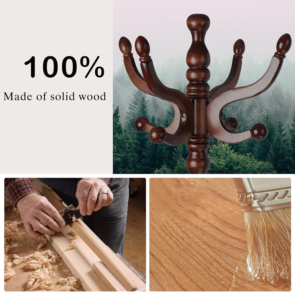 Wooden Coat Rack Freestanding, Hall Tree Hanger With Resin Hooks, Adjustable ...