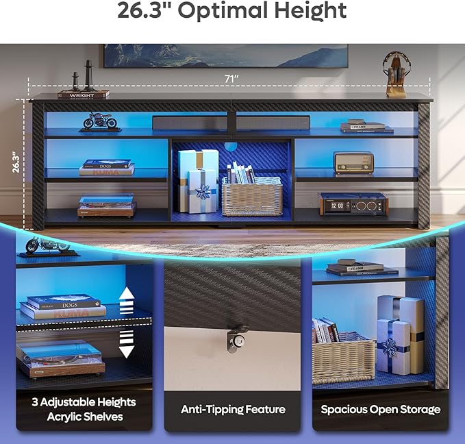 Bestier Tall TV Stand for 75 inch TV, LED Entertainment Center, Gaming TV Console with Storage for PS5, Modern TV Cabinet for Bedroom, Living Room, Black Carbon Fiber