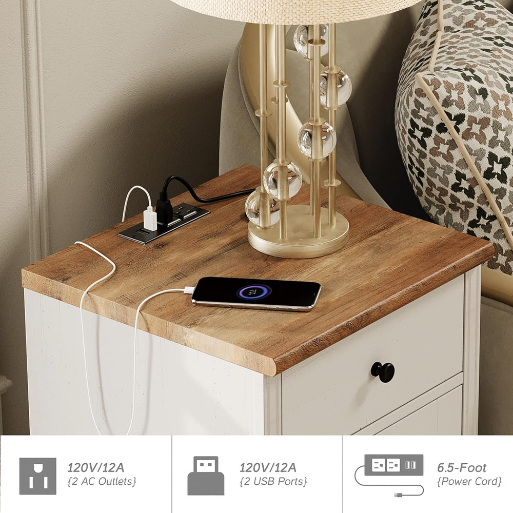 WAMPAT White End Table with Charging Station, Nightstand with Power Outlets &...