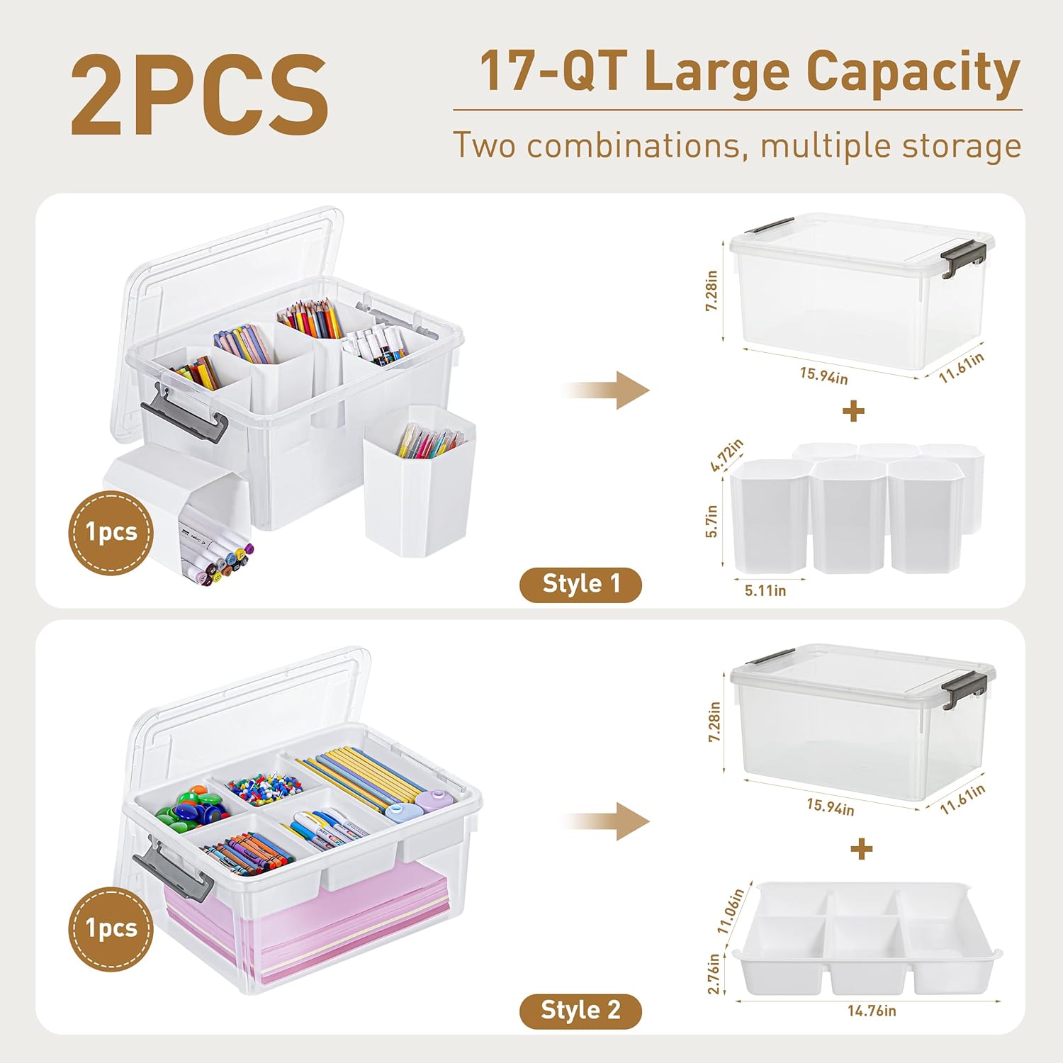 Citylife 17 QT Plastic Storage Box with Removable Tray and 6 Detachable Tall Inserts Craft Organizers and Storage Clear Storage Container for Organizing Crayon, Craft, Sewing, Playdoh, 2 Packs