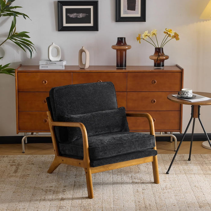 VINGLI Chenille Mid-Century Modern Accent Chair, Cute Reading Arm Chair with Cushion & Lumbar Pillow & Solid Wood Frame for Lounge, Living Room, Reading Room, Bedroom, Black