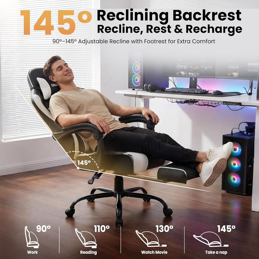 Gaming Chair Gamer Game Ergonomic with Footstool Lumbar Support Deep Black | Headrest, Height and Backrest Adjustable, Deep Black Leather, 210 KG Heavy Duty Load Capacity 52cm Wingless Cushion