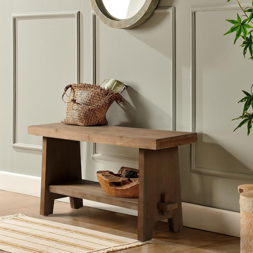 HOKYHOKY Wood Entryway Bench - 31.5" Farmhouse Small Storage Bench, Indo...