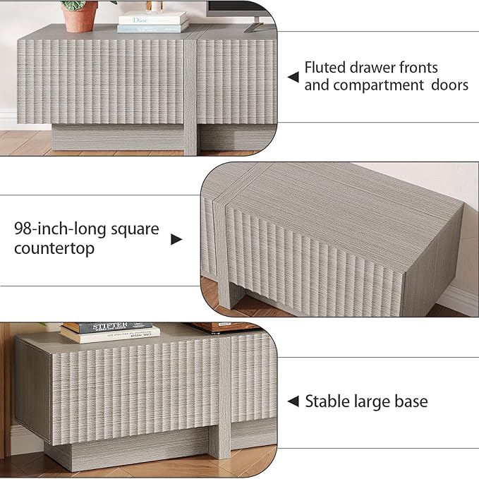 98" TV Stand for Living Room, Modern Entertainment Center with Drawers & Storage Compartments, Large TV Console Fits 55”-95” TVs, Square Top with Grooved Drawer Fronts & Stable Base,Grey