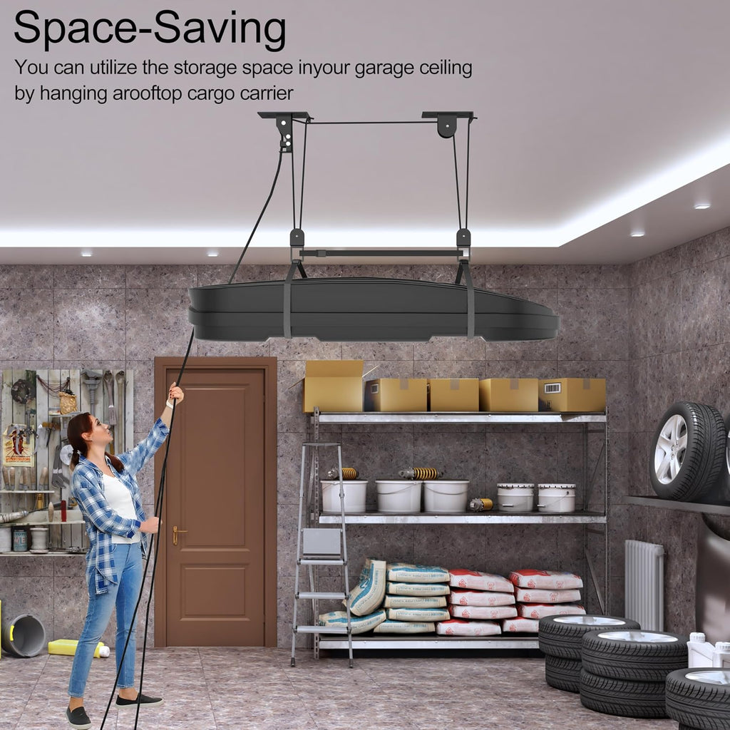 TRUSOON Ceiling Storage Hoist for Cargo Box - Heavy Duty Garage Storage Lift - Garage Pulley Lift System for Rooftop Carriers, Holds up to 150 lbs Capacity and Fit 10-14 Foot Tall Garage Ceilings