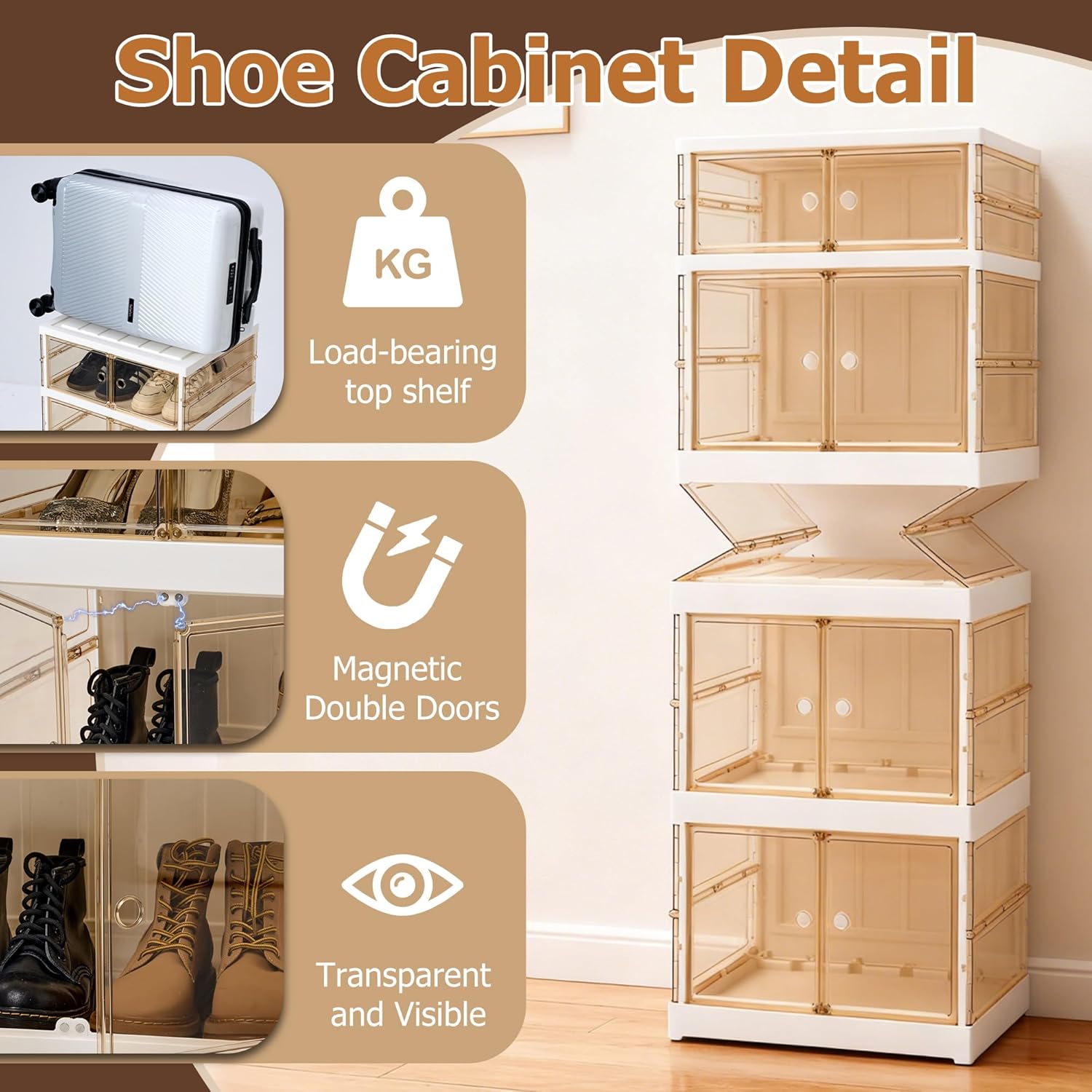 MGWILL Foldable Shoe Rack, Purse Organizers for Closet Plastic Clear Storage Box for Entryway, Large Sneaker Cabinet Bins Display Case for Collectibles with Magnetic Door 5 Tiers