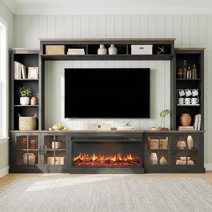 Black 98” Farmhouse TV Stand with Fireplace, Entertainment Center, Wall Unit Media Console with Bookshelf, Cabinet & Power Outlets & Barn Doors, Fits TVs Up to 75” for Living Room