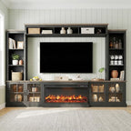 Black 98” Farmhouse TV Stand with Fireplace, Entertainment Center, Wall Unit Media Console with Bookshelf, Cabinet & Power Outlets & Barn Doors, Fits TVs Up to 75” for Living Room