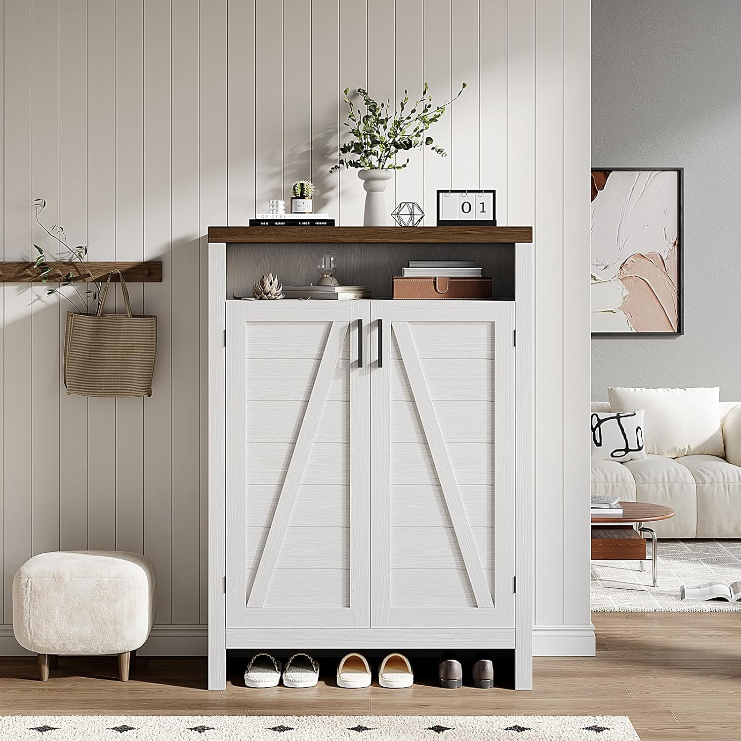 6-Tier Shoe Cabinet with Doors,Farmhouse Shoe Storage Cabinet,White | Narrow Shoe Cabinet with Adjustable Shelves, Large Capacity Wooden Shoe Rack Organizer for Entryway, Hallway, Living Room