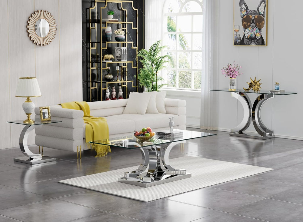 Luxury Silver Glass End Table,Sqaure Sofa Side Table with Shiny Mirrored C-Sh...
