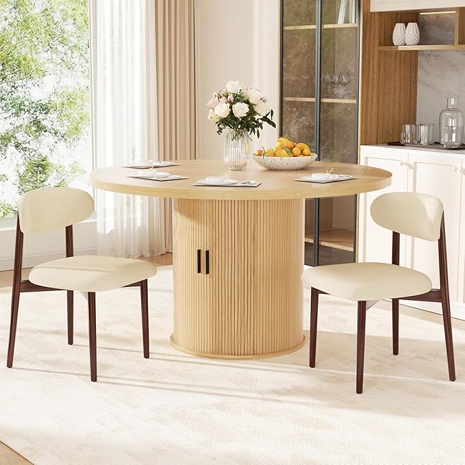 Wooden Dining Chair Set of 2, Modern Dining Chairs with with Curved Back, Fabric Upholstered Kitchen Dining Room Chairs with Adjustable Legs for Farmhouse Dining Living Room,Beige