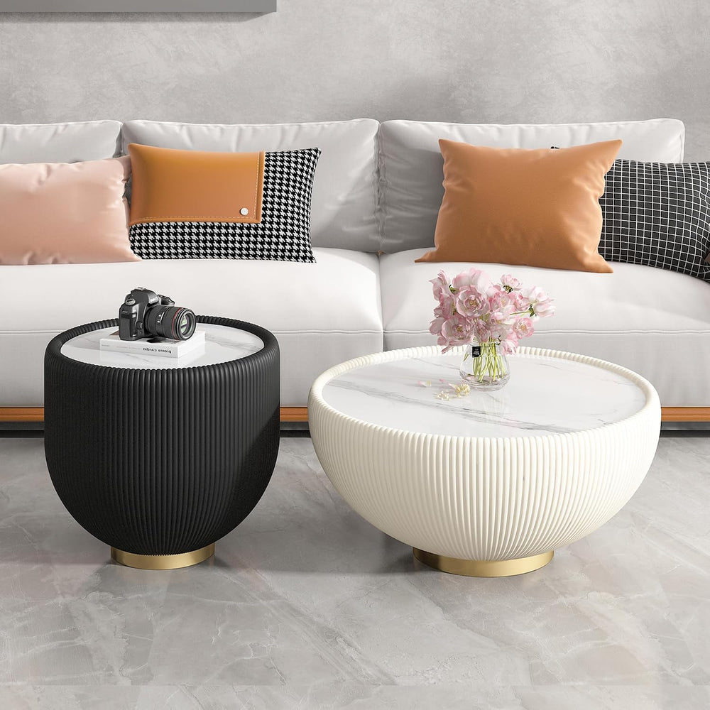 Penau Modern Round Side Table, Faux Marble Sintered Stone Top with Microfiber...