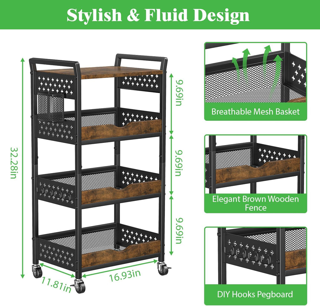 4 Tier Rolling Storage Utility Snack Cart on Wheels | durable metal and wood frame, suitable for kitchen bathroom pantry vanity bedroom living room dorm, no shake, move smoothly