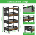 4 Tier Rolling Storage Utility Snack Cart on Wheels | durable metal and wood frame, suitable for kitchen bathroom pantry vanity bedroom living room dorm, no shake, move smoothly