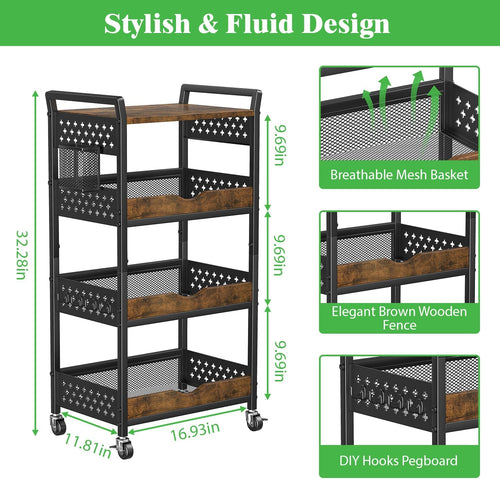 4 Tier Rolling Storage Utility Snack Cart on Wheels | durable metal and wood frame, suitable for kitchen bathroom pantry vanity bedroom living room dorm, no shake, move smoothly