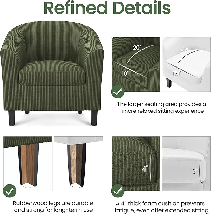 Yaheetech Corduroy Barrel Chairs Set of 2, Upholstered Club Chairs Accent Chairs, Round Armchairs Waiting Room Chairs with Soft Cushion for Living Room Bedroom Reading Room, Dark Green