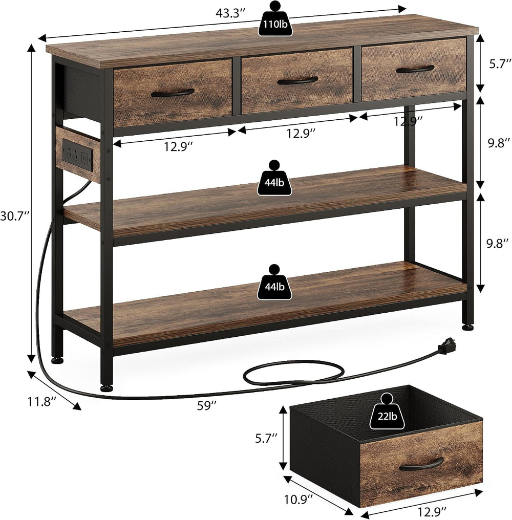 2 Pack Entryway Table with Outlets, 3 Fabric Drawers, 43in | 43.3"W x 11...