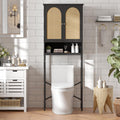 Rattan Toilet Storage Cabinet, Over The Rack Wood Cabinet with Metal Stand, Bathroom Organizer with Adjustable Shelf, Tall Freestanding Washer Shelf, Small Cupboard, Black