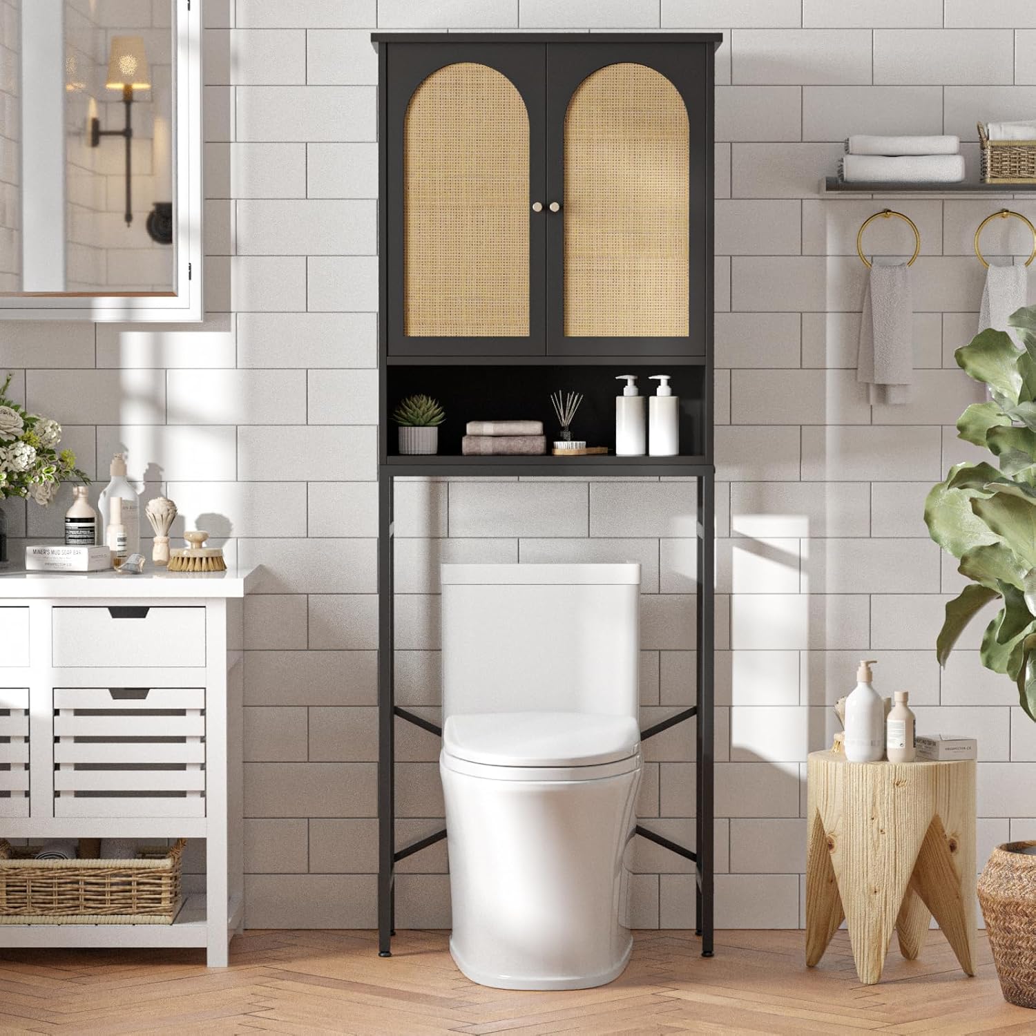 Rattan Toilet Storage Cabinet, Over The Rack Wood Cabinet with Metal Stand, Bathroom Organizer with Adjustable Shelf, Tall Freestanding Washer Shelf, Small Cupboard, Black