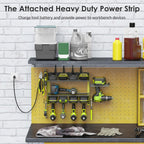 CCCEI Modular Power Tool Organizer Wall Mount Charging Station, Green 6 Drills Holder with 8 Plug Power Strip 10FT, Garage Drill Battery Heavy Duty Metal Shelf, Utility Rack with Hooks, Side Storage.