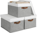 StorageWorks Storage Bins with Lids, Decorative Storage Boxes with Lid and PU Handles, Foldable Storage Baskets for Closet, Shelves, Stackable, Gray and White, Jumbo, 3-Pack
