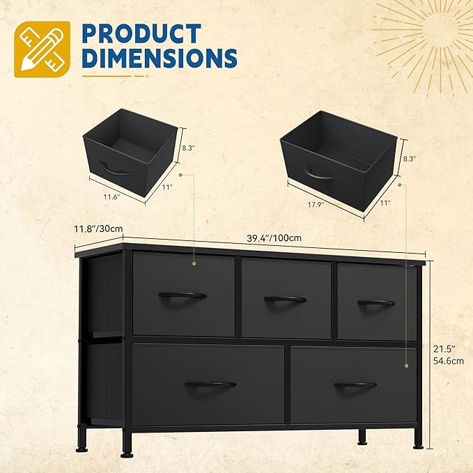 DWVO Dresser with 5 Drawers - Fabric Storage Tower, Organizer Unit for Bedroom, Living Room, Closets - Sturdy Steel Frame, Wooden Top (Black)