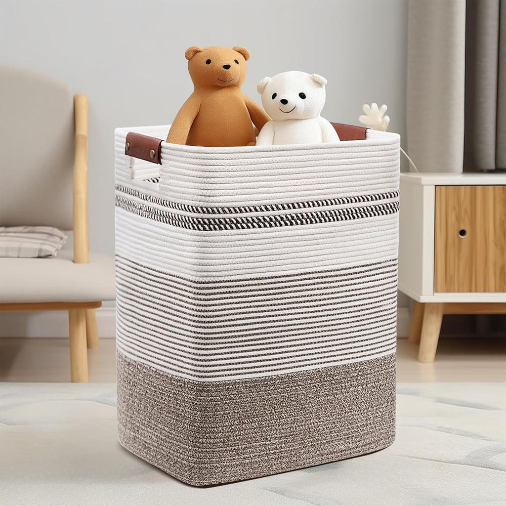 DOFASAYI Laundry Basket - 85L Large Cotton Rope Blanket Basket with Leather Handles, Decorative Storage Hamper, Clothes Hamper for Living Room, Bedroom, Rice Brown & White