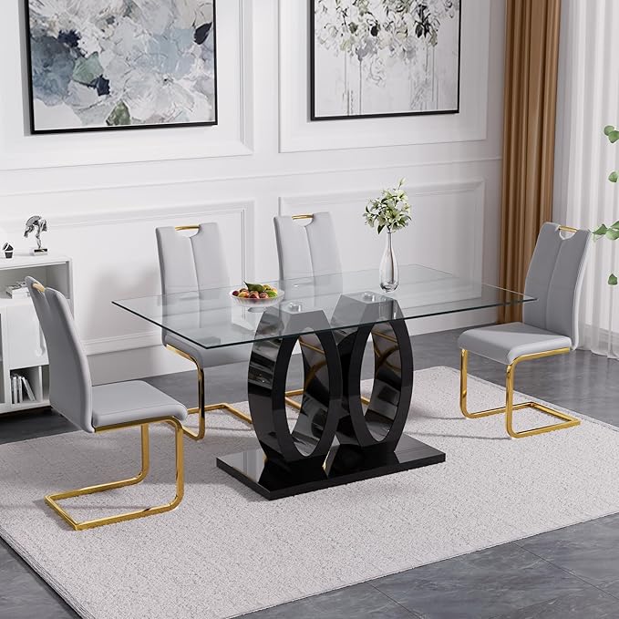 Goujxcy Dining Chairs Set of 2, Modern High Back Kitchen Chairs with Metal Legs and Faux Leather Padded Seat Upholstered Dining Chairs for Dining & Kitchen,Living Room (Light Gray&Gold, Set of 2)