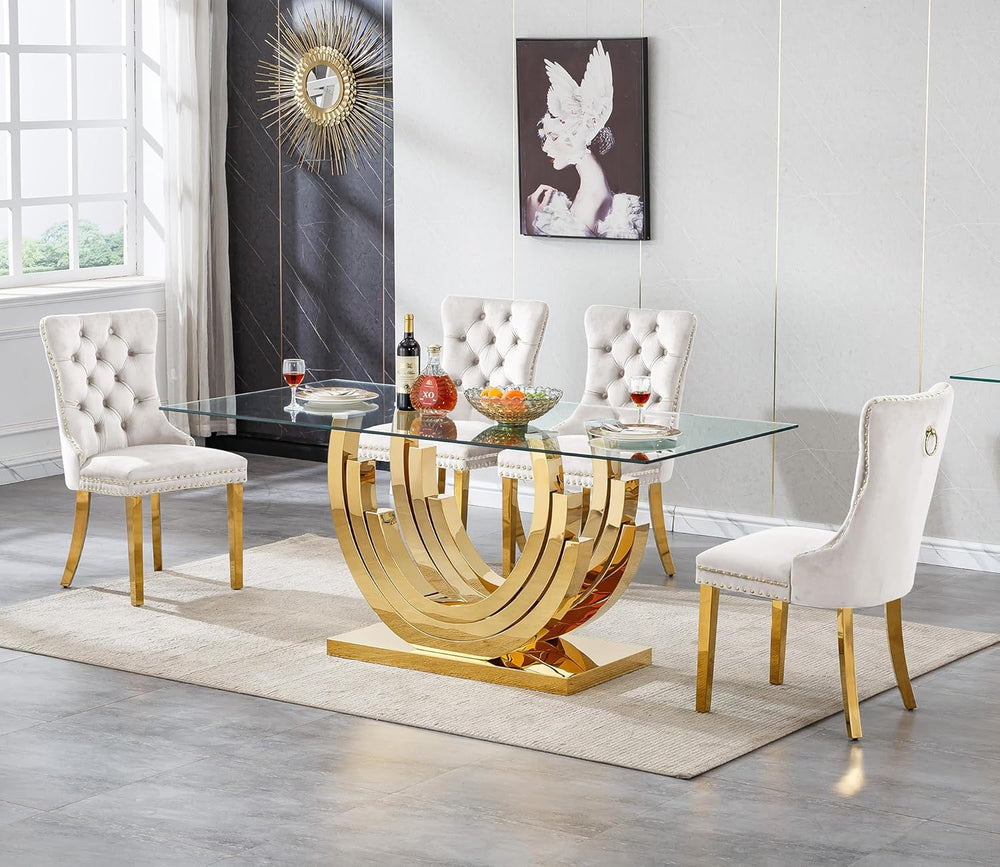 70 inch Tempered Glass Dining Table, Rectangular Glass Kitchen Table with Gol...