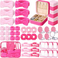 48 Pcs Sleepover Party Supplies Kit Bridesmaid Proposal Gifts Slumber Birthday Spa Party Favors Bow Headband Scrunchies Jewelry Case Makeup Bag Mirror for Gifts (Pink and Rose Red)