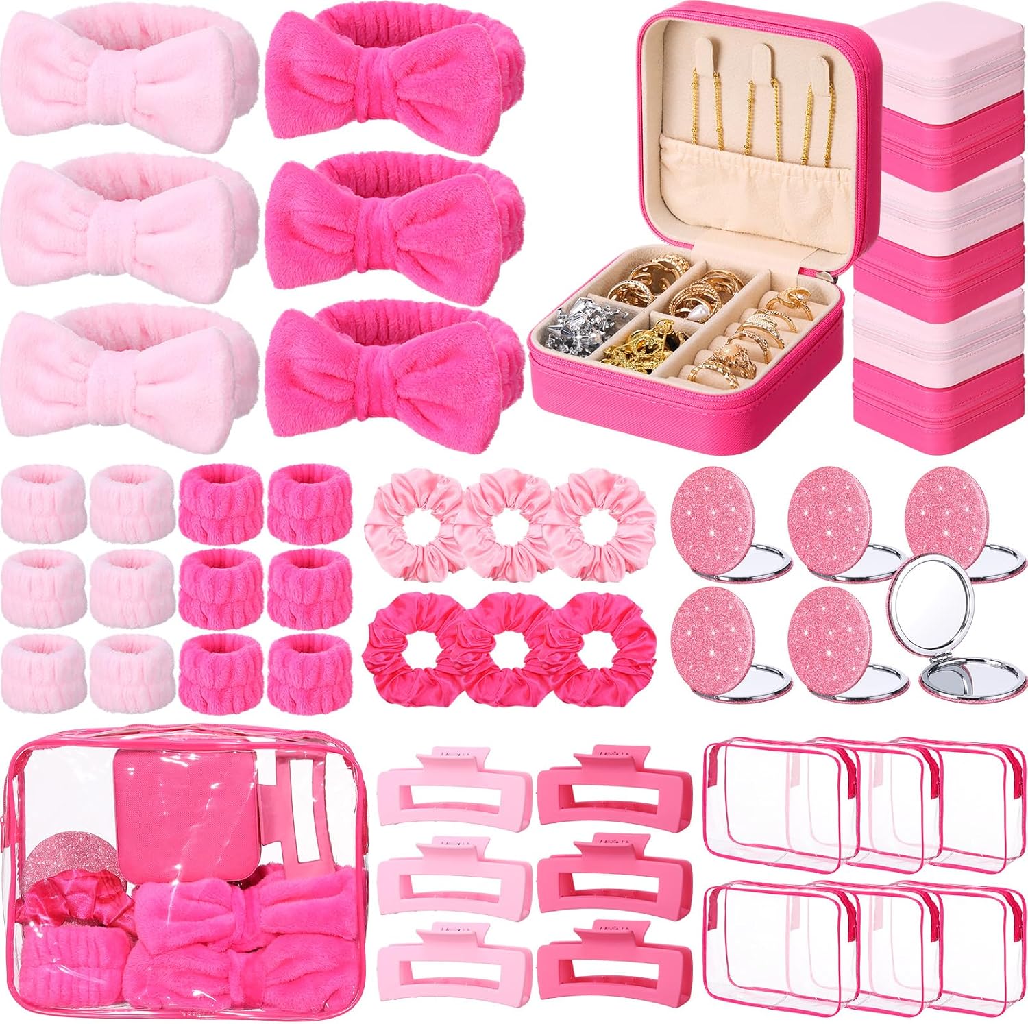48 Pcs Sleepover Party Supplies Kit Bridesmaid Proposal Gifts Slumber Birthday Spa Party Favors Bow Headband Scrunchies Jewelry Case Makeup Bag Mirror for Gifts (Pink and Rose Red)