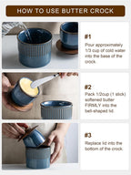 Ceramic Butter Dish with Lid, Butter Crock for Countertop, French Butter Keeper, Classic Stripe Pattern, Blue