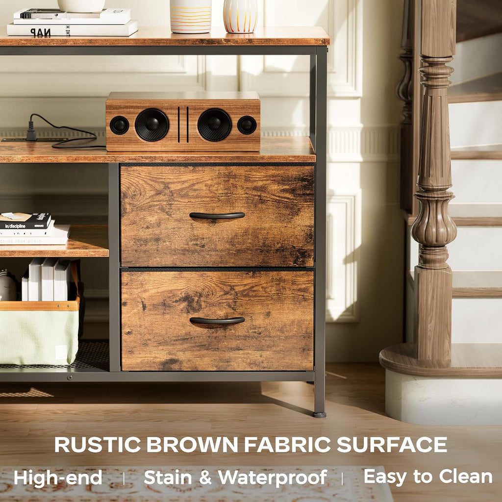 Huuger 47 Inch TV Stand Dresser with Power Outlets and LED Lights, Fabric Dresser for Bedroom, 4 Drawers Entertainment Center with Open Shelf, Media Console for 55 50 Inch TV, Rustic Brown