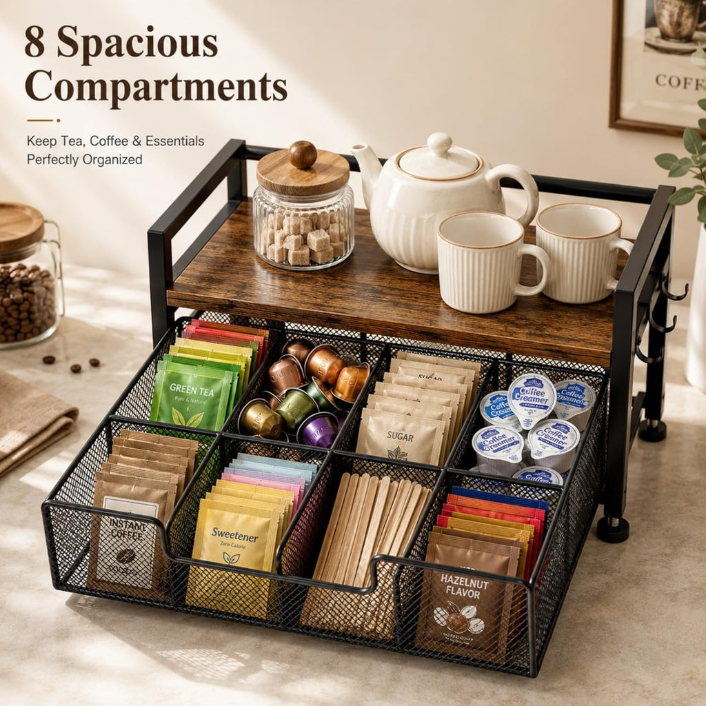 Tea Bag Organizer, Tea Bag Organizer Drawer, Wood Tea Organizers and Storage Chest Teabag Holder with Storage Drawer,Rustic Brown for Countertop Kitchen, Office