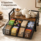 Tea Bag Organizer, Tea Bag Organizer Drawer, Wood Tea Organizers and Storage Chest Teabag Holder with Storage Drawer,Rustic Brown for Countertop Kitchen, Office