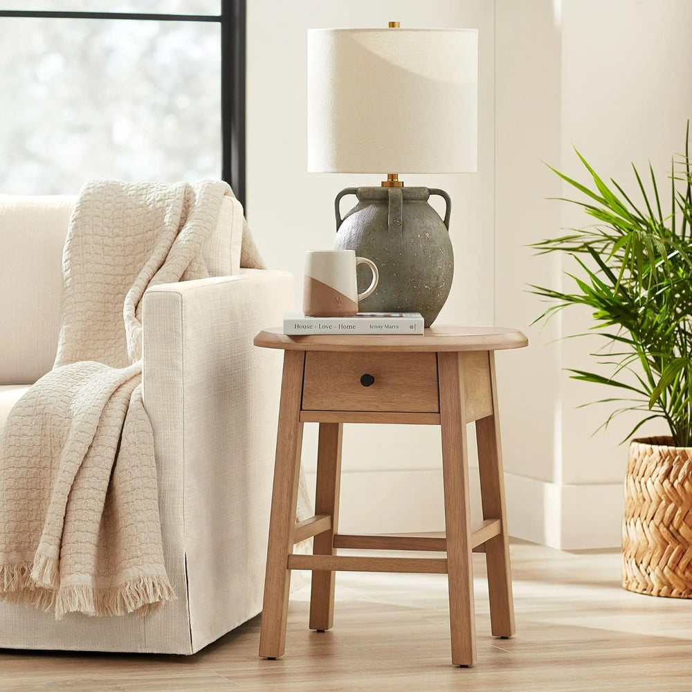 Solid Rubberwood Round Side Table with Drawer, Natural Oak Painted Finish Sof...
