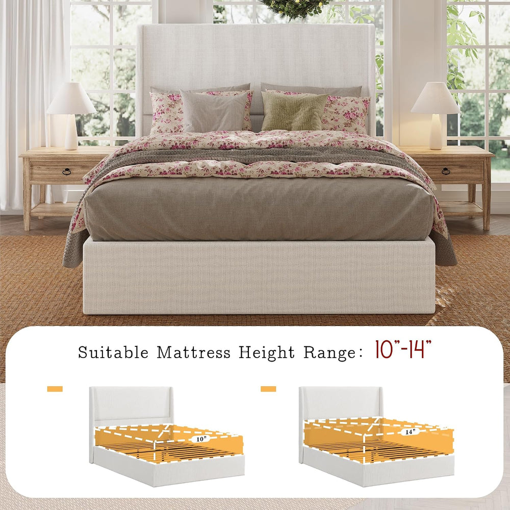Queen Size Upholstered Bed Frame, 50.8" High Headboard Wingback Bed Fram...