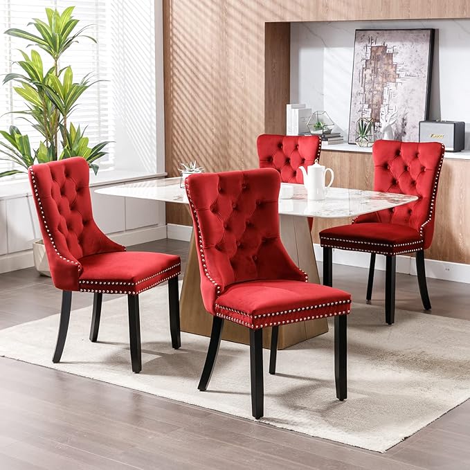 Modern Dining Chairs Set of 4, Tufted Upholstered Dining Chair with Solid Woo...
