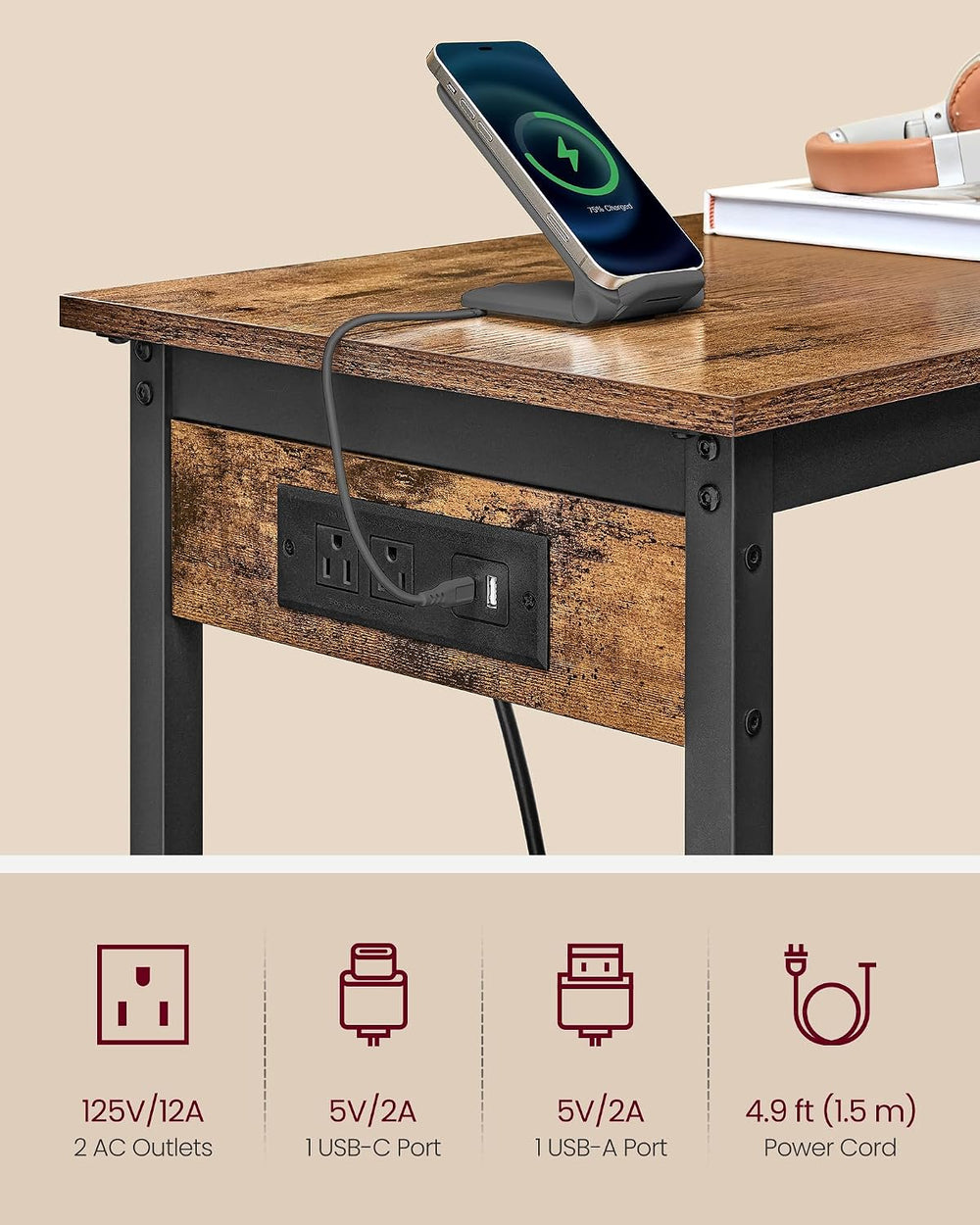 VASAGLE Bar Table with Power Outlets, Computer Desk, 47.2" W | Stable Me...