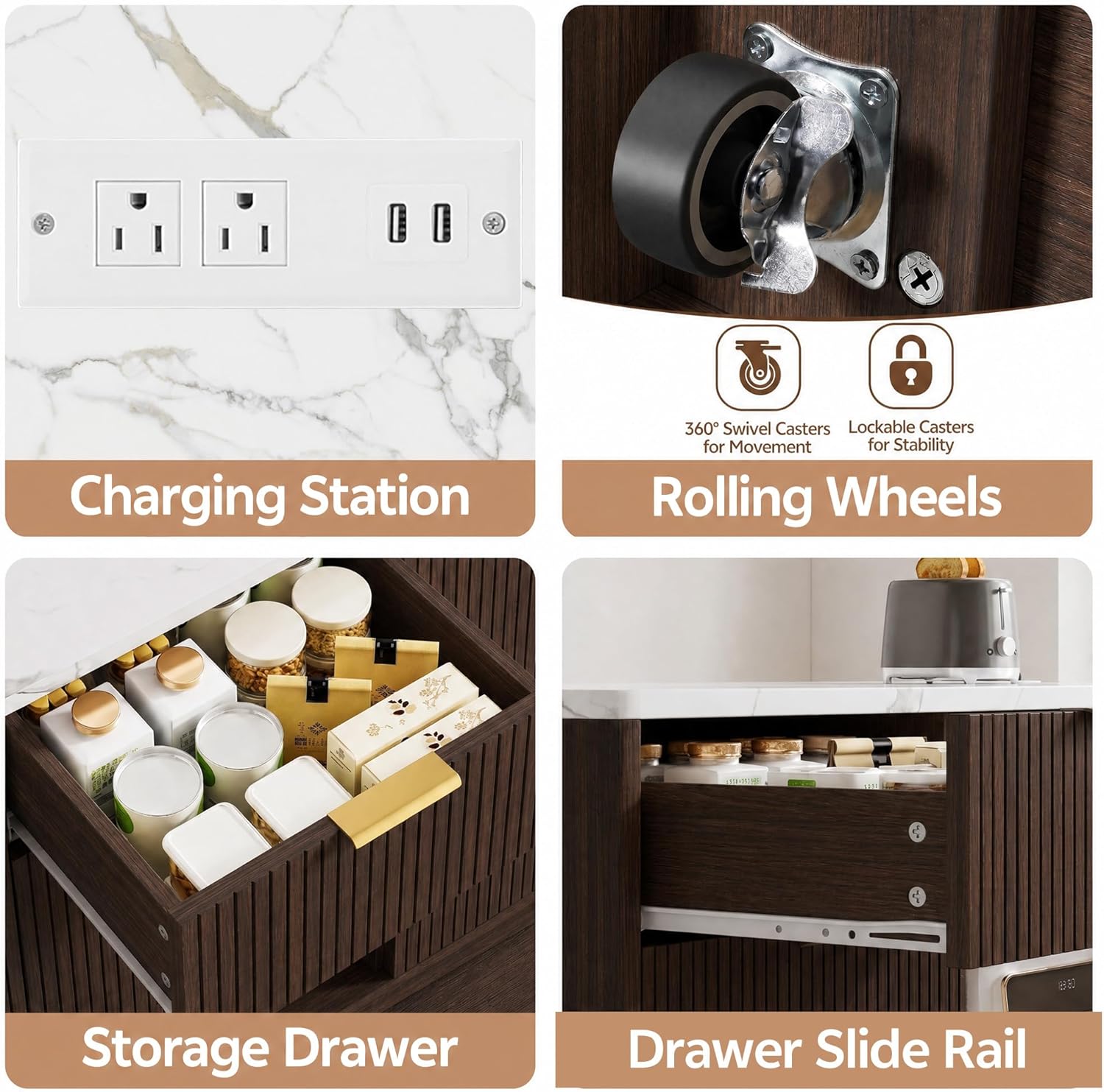 Marble Top Kitchen Island, 47.2" W Kitchen Island on Wheels Islands Table with Power Outlet Rolling Coffee Bar Cart with Buffet Cabinet & Drawer for Dining Room Breakfast Bar Table - Walnut