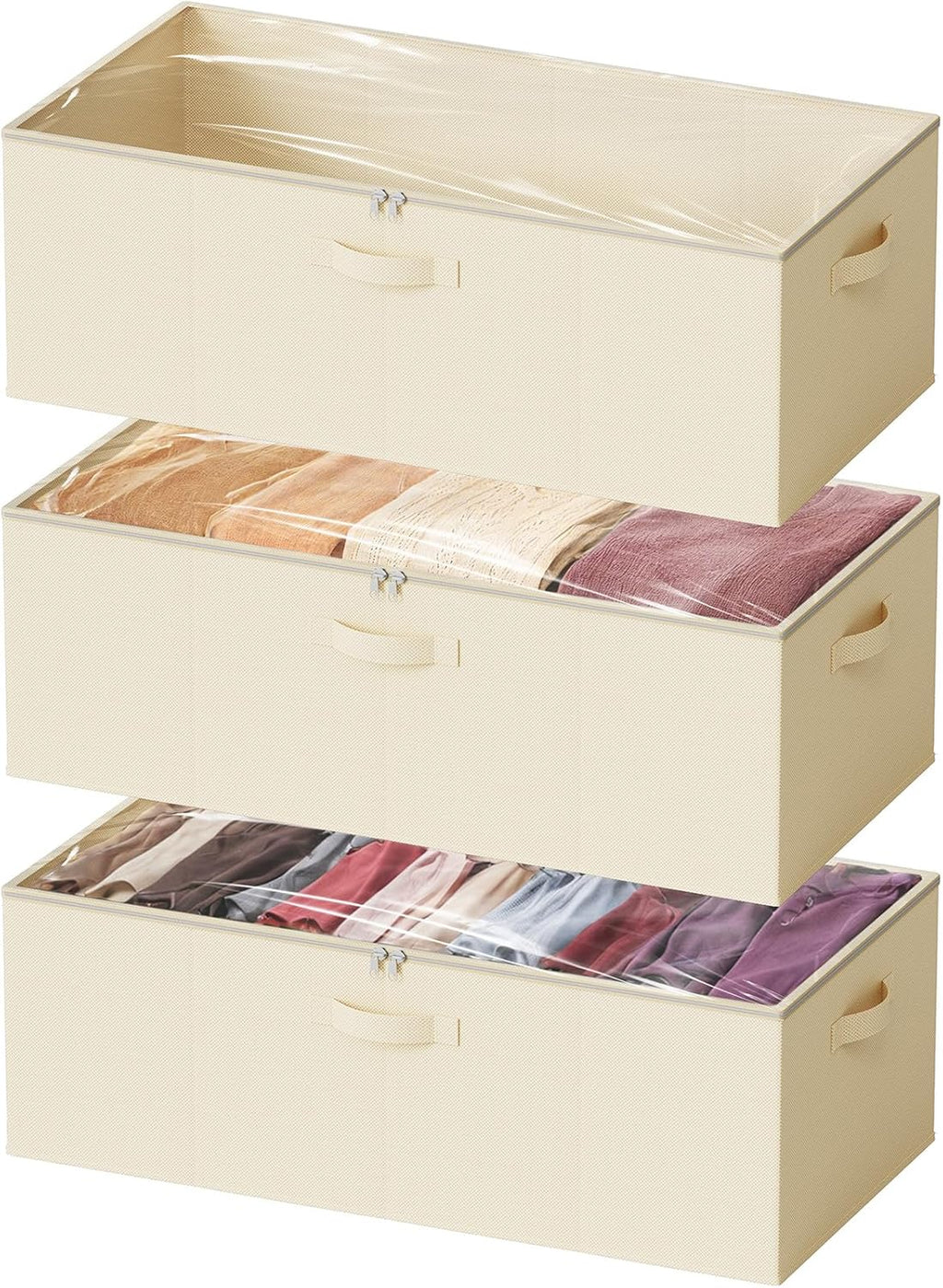 SpaceAid 3 Pack 10" High Under Bed Storage Containers, Large Underbed Storage Organizer Bins with Lids for Bedroom, Dorm, Clothes, Closet Organization, Bed Sheets and Blankets (Beige)