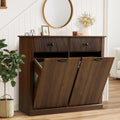 Grepatio Tilt Out Fluted Laundry Hamper Cabinet, 22 Gallon Double Hidden Laundry Hamper, Wooden Trash Can Cabinets with 2 Drawers, Modern Garbage Can Cabinet for Bathroom, Kitchen (Brown, Double)