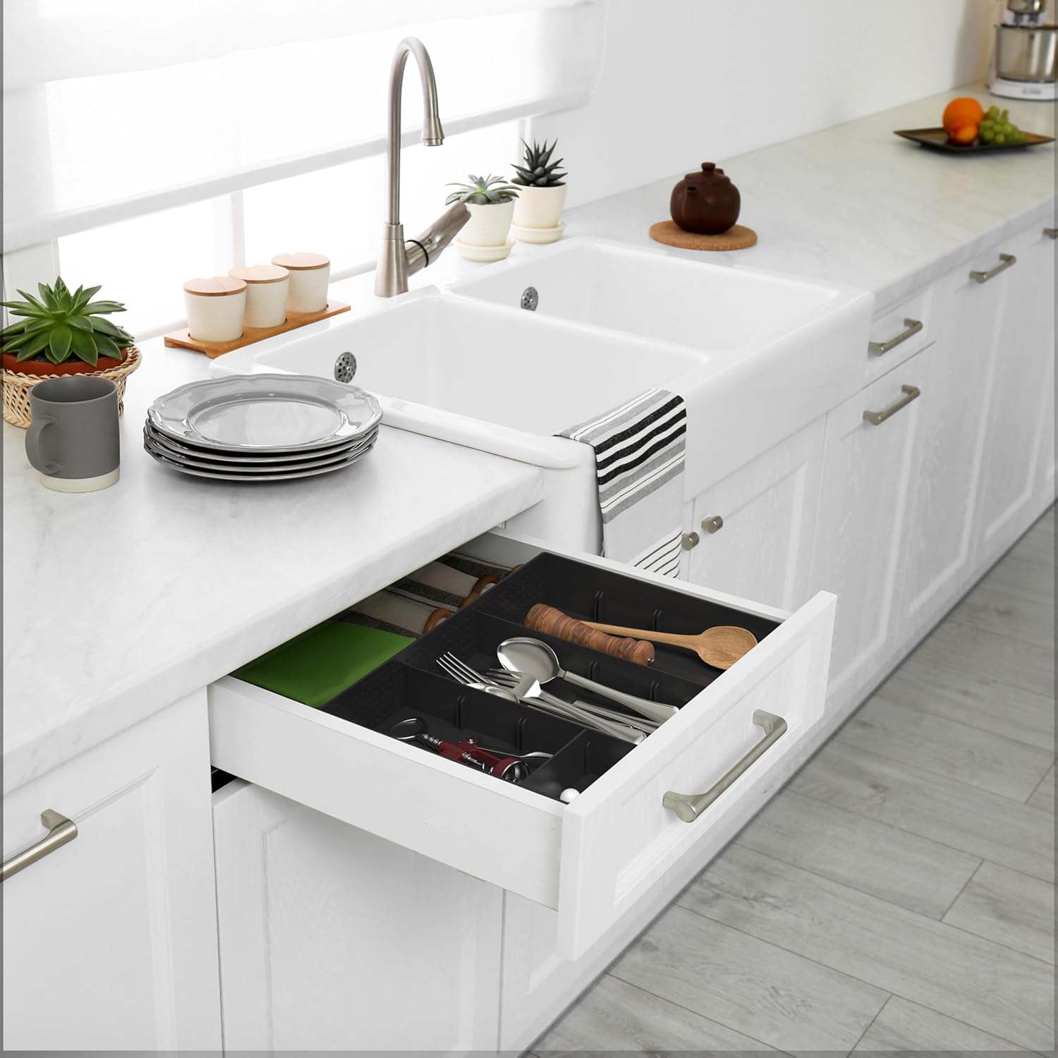 Simple Houseware Drawer Organizer Tray with 9 Adjustable Compartments, 2 Packs, Black