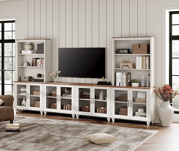 WAMPAT Entertainment Center with Bookshelves for TVs up to 75", Farmhouse Wall Unit TV Stand with Glass Doors, Media Console Table for Living Room, Bedroom & Home Theater, White