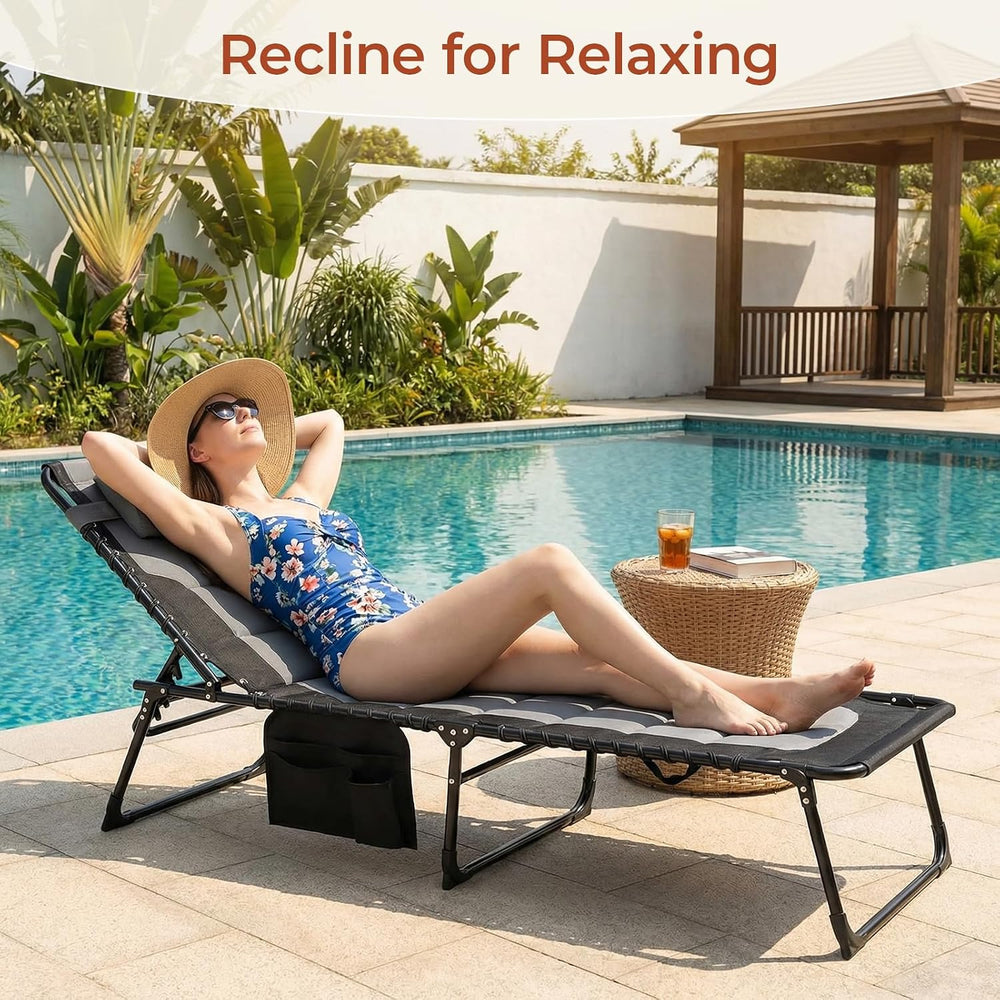 TLSUNNY Padded Folding Lounge Chair, Portable Reclining Chair with Pillow &am...