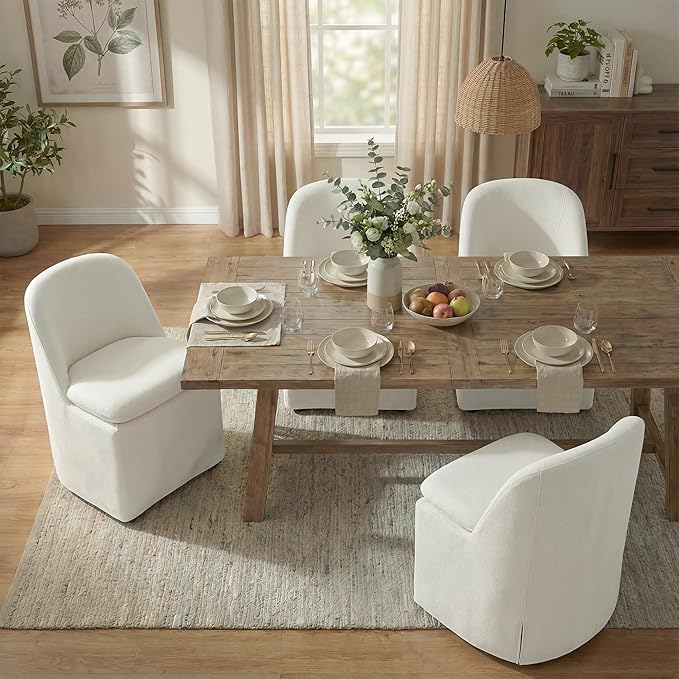 Upholstered Dining Chairs with Casters, Washable Cover Modern Dining Room Cha...