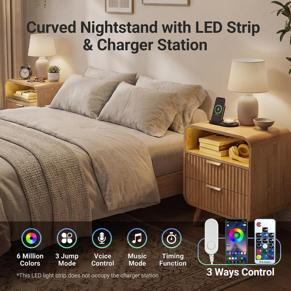 24" Curved Nightstand Set of 2,Night Stand with Charging Station & L...