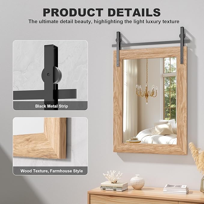 Hasipu Farmhouse Bathroom Mirror, 48"x32" Rustic Wood Framed Wall Mounted Mirror, Brown Vintage Vanity Mirror Barn Door Style Decrative Mirrors